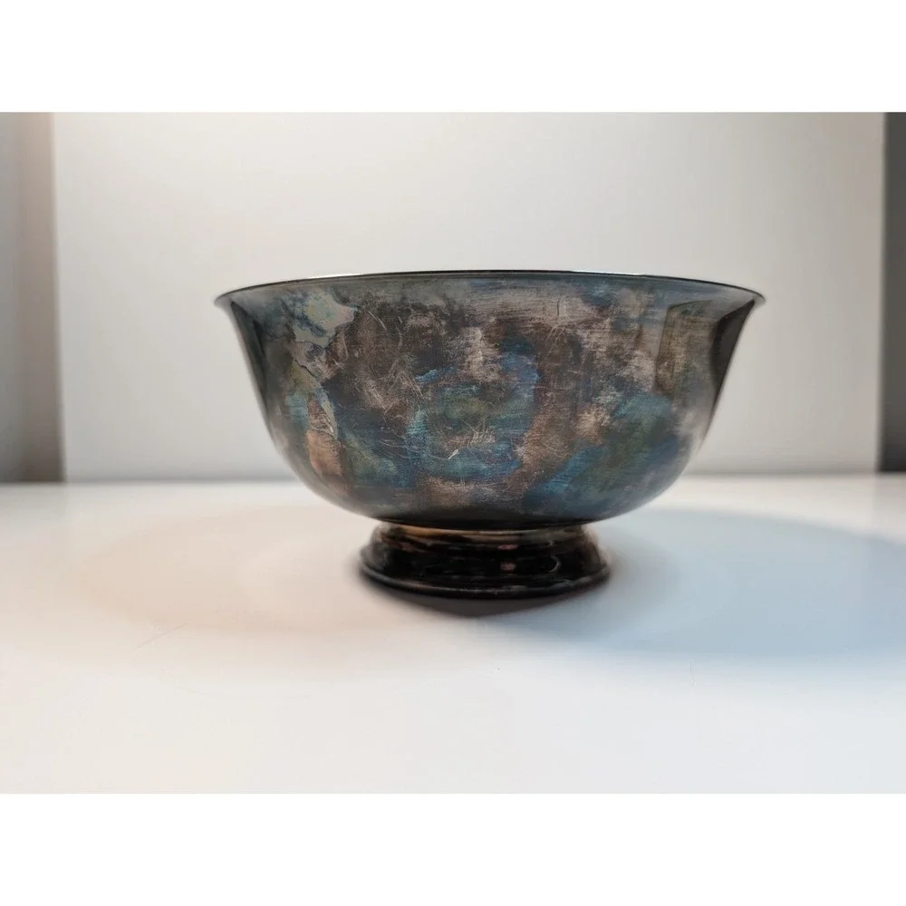 Post 1940s Reed‎ & Barton Deep Turquoise Enameled Silver Plate Bowl